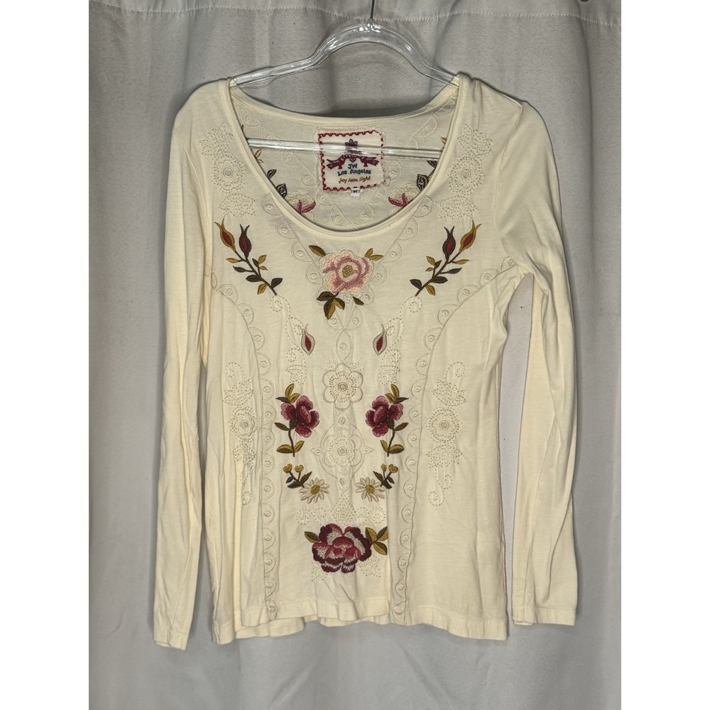 Johnny Was Flores Long Sleeve Scoop Neck T-Shirt Embroidered Medium Joy Love